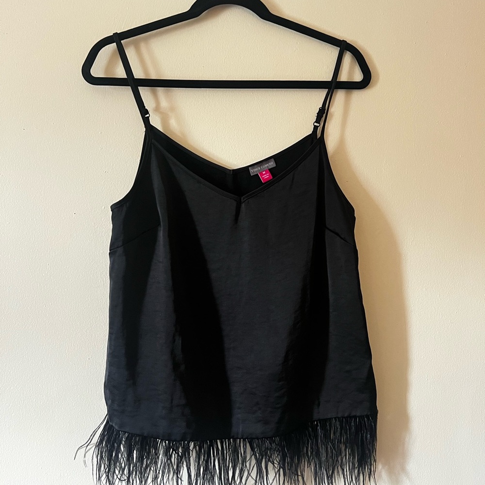 Black M feathered satin party top Vince Camuto